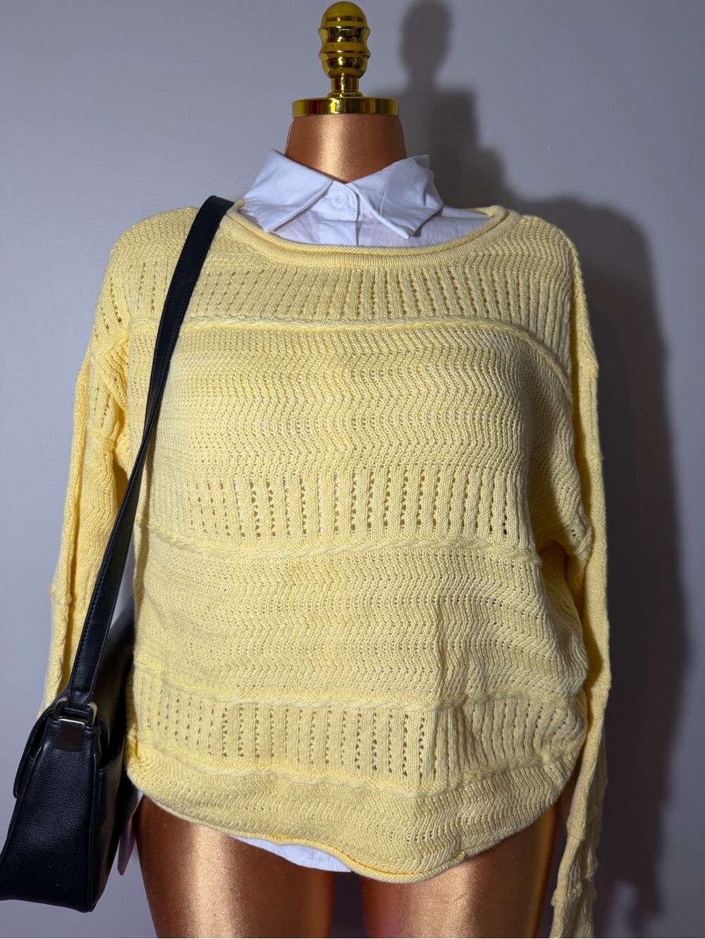 No Boundaries Pale Yellow Open-Knit Crewneck Sweater